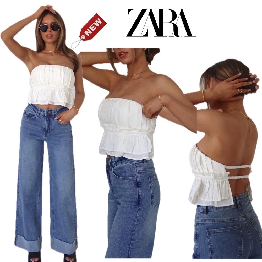Zara white pleated ruched layered ruffle frill strapless open back top blouse M - Picture 2 of 14